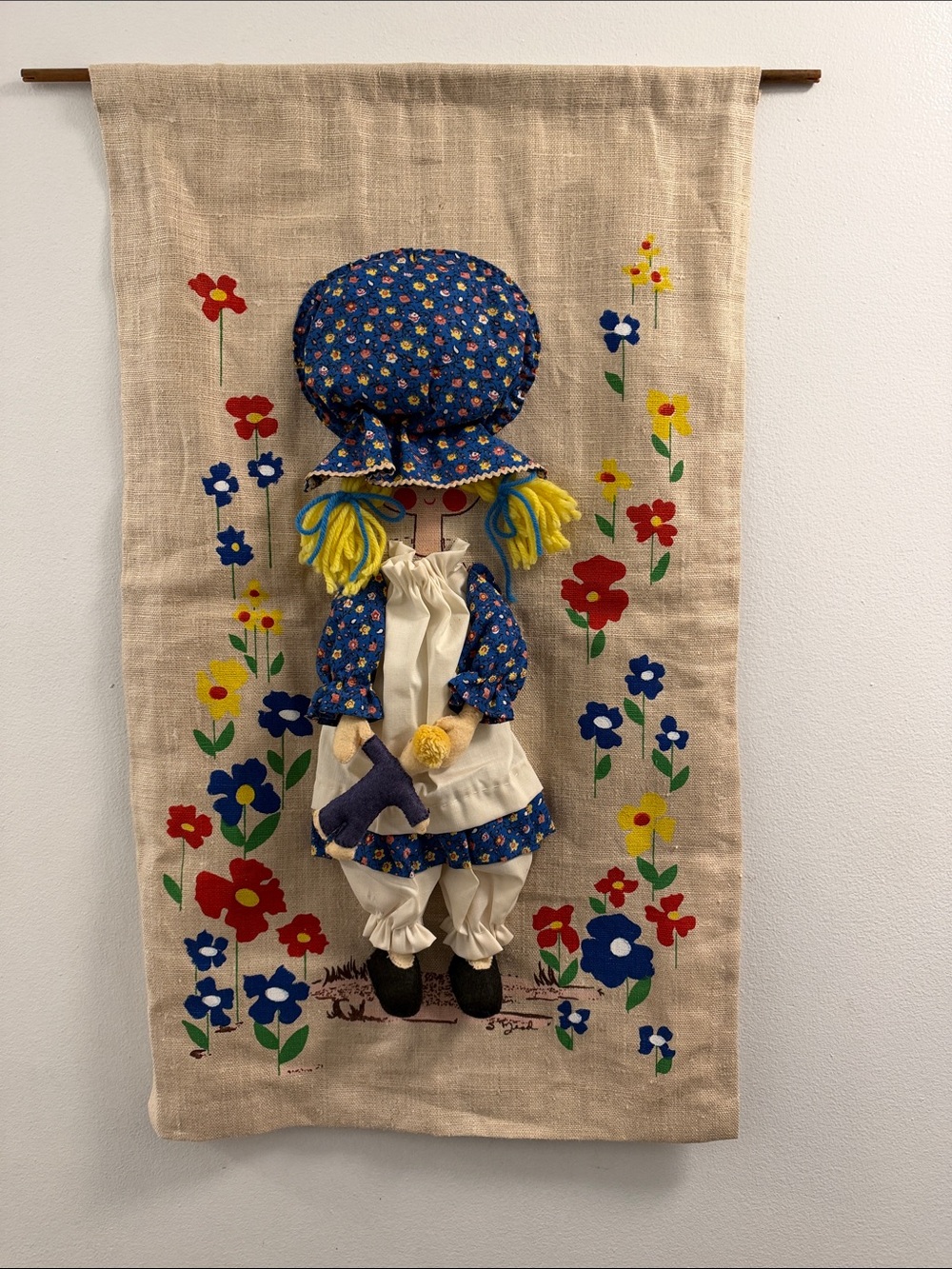 Handcrafted Blue Floral Rag Doll Wall Hanging by